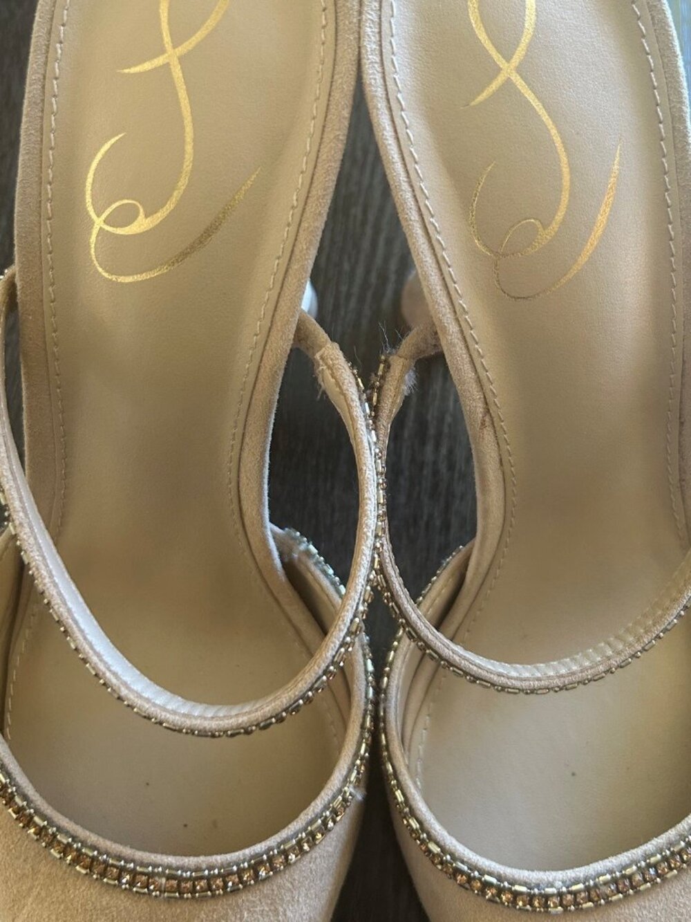 SAM EDELMAN Anita Beige Suede Embellished Pointed Toe Mules Heels - Size 7.5 - Picture 7 of 9